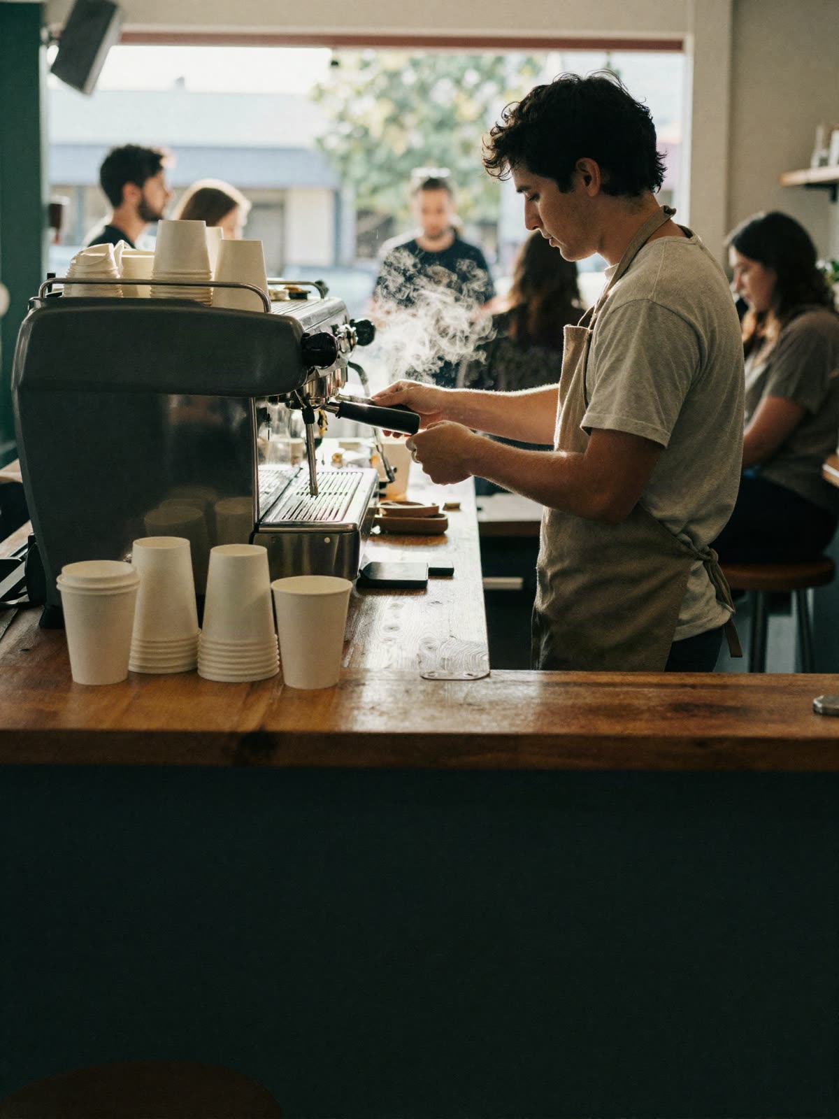 A barista working a commercial espresso machine while customers wait at a café counter